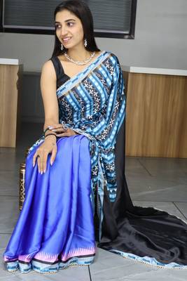 Blue  printed satin pearl lace saree with  unstitched blouse 4