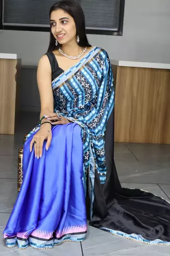 Blue  printed satin pearl lace saree with  unstitched blouse