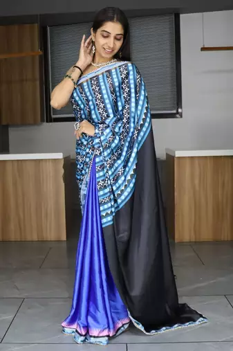 Blue  printed satin pearl lace saree with  unstitched blouse
