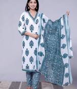 Teal blue women floral printed aline kurta pant with dupatta set