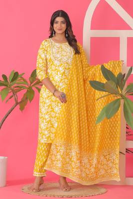 Mustard women floral printed embroidered aline kurta pant with dupatta set 1