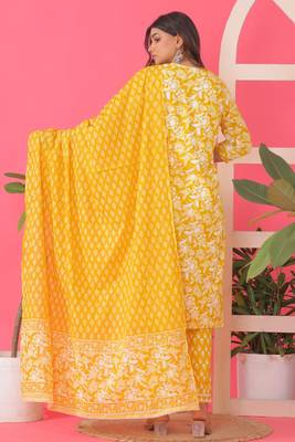 Mustard women floral printed embroidered aline kurta pant with dupatta set 2