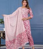Pink women floral printed embroidered aline kurta pant with dupatta set