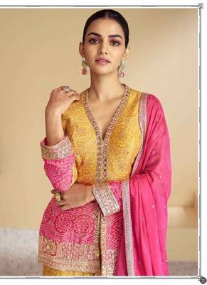 Yellow and pink art silk kurta with pant & dupatta 2