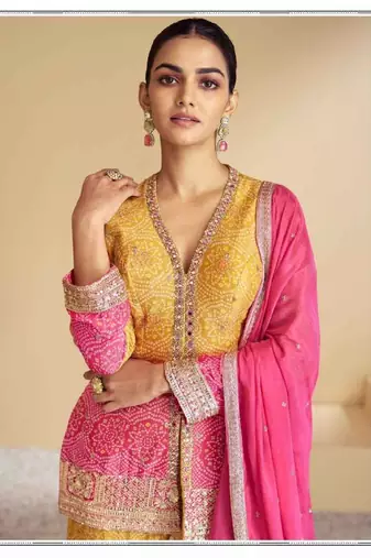 Yellow and pink art silk kurta with pant & dupatta