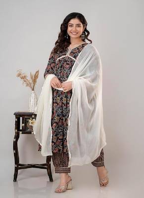 Black cotton printed kurta with pant & dupatta 1