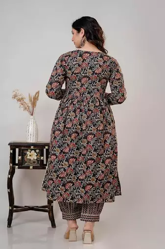 Black cotton printed kurta with pant & dupatta