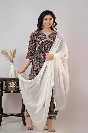 Black cotton printed kurta with pant & dupatta