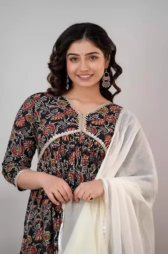 Black cotton printed kurta with pant & dupatta