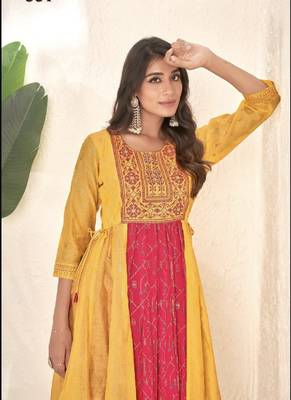 Yellow cotton silk printed gown 2
