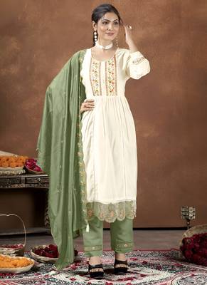 Cream silk embroidered kurta wih pant & duppata 1