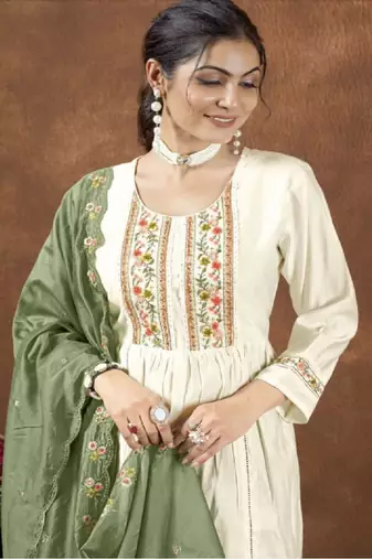 Cream silk embroidered kurta wih pant & duppata