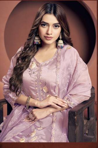 Purple viscose embroidered kurta with pant & dupatta