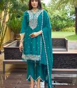Teal  art silk embroidered kurta with pant & dupatta