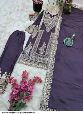 Purple silk embroidered kurta with pant & dupatta 3