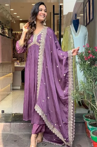 Purple cotton embroidered kurta with pant & duppata