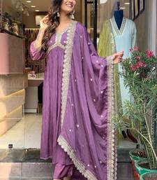 Purple cotton embroidered kurta with pant & duppata