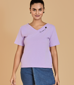 Urban sundari women's cotton blend round neck half sleeve t-shirt with front flower embroidery