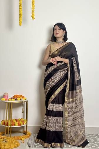 Noor - handblock printed - maheshwari silk saree - without blouse
