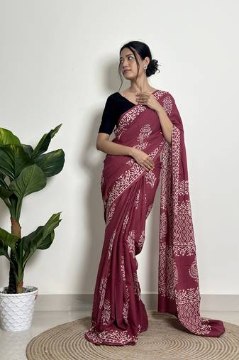 Magenta mystique - handblock print natural dyed -  mulmul cotton saree - without blouse