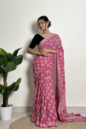 Passionate pink - handblock print natural dyed -  mulmul cotton saree - without blouse