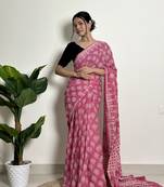 Passionate pink - handblock print natural dyed -  mulmul cotton saree - without blouse