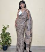 Work wife - handblock print natural dyed -  mulmul cotton saree - without blouse