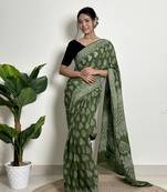 Olive orchard - handblock print natural dyed -  mulmul cotton saree - without blouse