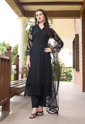 Black embroidered art silk stitched straight cut trouser kurta & dupatta  1