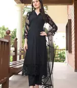 Black embroidered art silk stitched straight cut trouser kurta & dupatta 