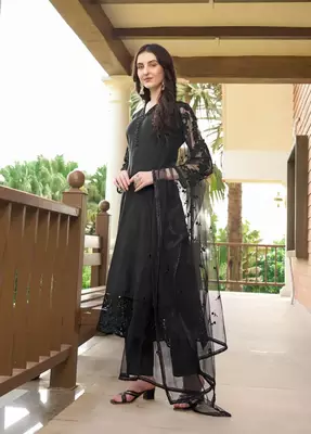 Black embroidered art silk stitched straight cut trouser kurta & dupatta  3