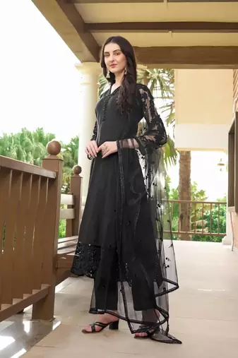 Black embroidered art silk stitched straight cut trouser kurta & dupatta 