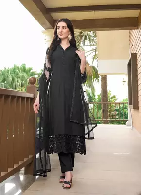 Black embroidered art silk stitched straight cut trouser kurta & dupatta  4