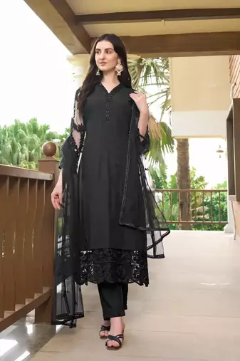 Black embroidered art silk stitched straight cut trouser kurta & dupatta 