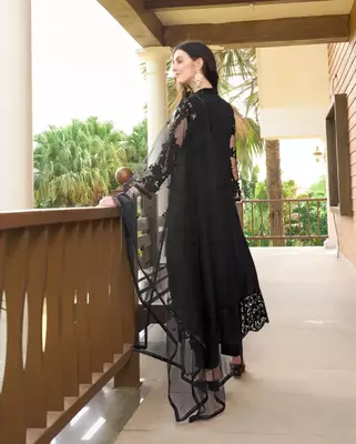 Black embroidered art silk stitched straight cut trouser kurta & dupatta  5