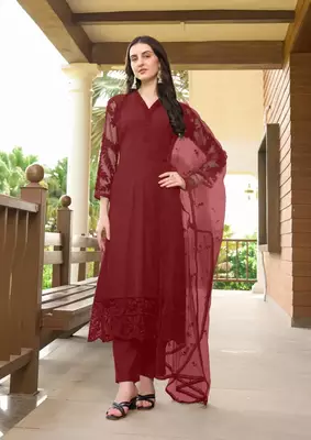 Maroon embroidered art silk stitched straight cut trouser kurta & dupatta  1