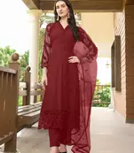 Maroon embroidered art silk stitched straight cut trouser kurta & dupatta 