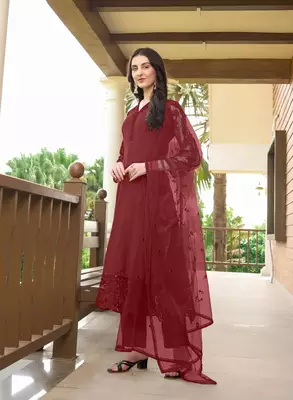 Maroon embroidered art silk stitched straight cut trouser kurta & dupatta  3