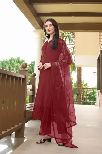 Maroon embroidered art silk stitched straight cut trouser kurta & dupatta 