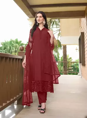 Maroon embroidered art silk stitched straight cut trouser kurta & dupatta  4