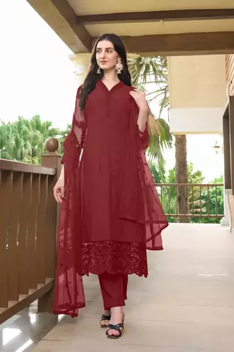 Maroon embroidered art silk stitched straight cut trouser kurta & dupatta 