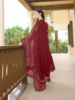 Maroon embroidered art silk stitched straight cut trouser kurta & dupatta  5