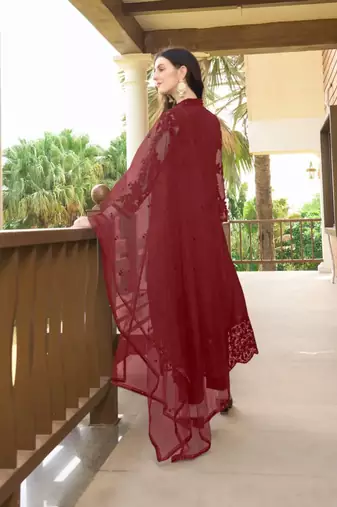 Maroon embroidered art silk stitched straight cut trouser kurta & dupatta 