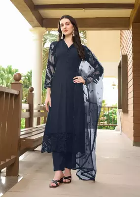 Navy-blue embroidered art silk stitched straight cut trouser kurta & dupatta  1