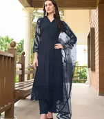 Navy-blue embroidered art silk stitched straight cut trouser kurta & dupatta 