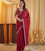 Maroon Embellished Beads and Stones Silk Blend Saree