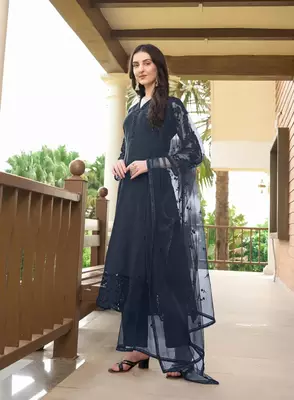 Navy-blue embroidered art silk stitched straight cut trouser kurta & dupatta  3