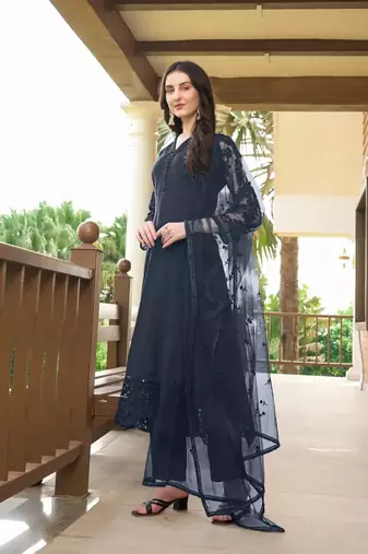 Navy-blue embroidered art silk stitched straight cut trouser kurta & dupatta 