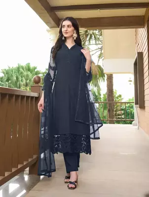 Navy-blue embroidered art silk stitched straight cut trouser kurta & dupatta  4