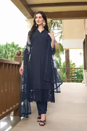 Navy-blue embroidered art silk stitched straight cut trouser kurta & dupatta 